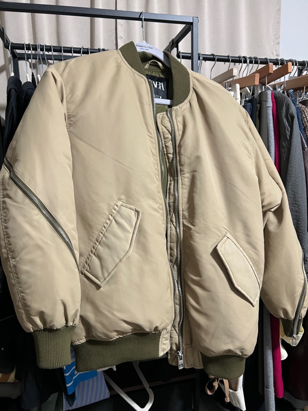 Woman Oversized Bomber Jacket in Beige with Olive Trim and zippers